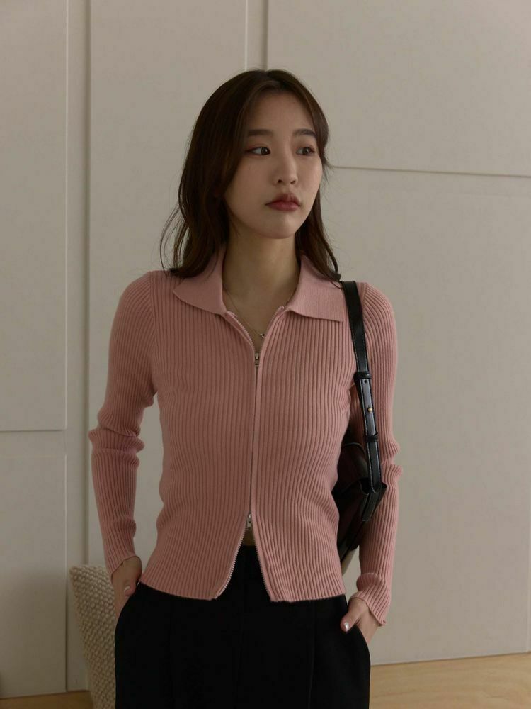 雙拉鍊彈性小領針織