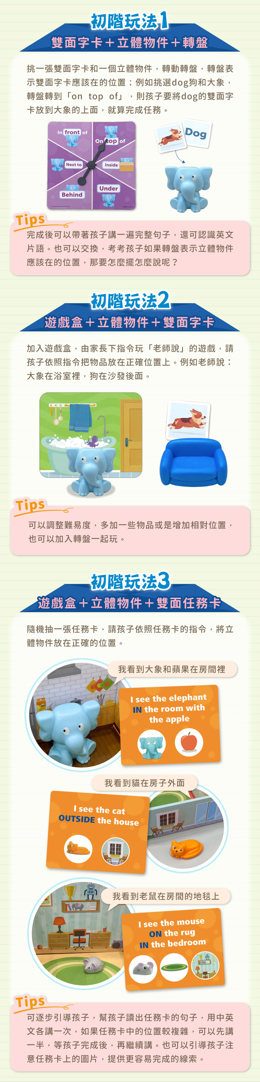 初階玩法1:雙面字卡+立體物件+轉盤。挑一張雙面字卡和一個立體物件,轉動轉盤,轉盤表示雙面字卡應該在的位置。初階玩法2:遊戲盒+立體物件+雙面字卡。加入遊戲盒,由家長下指令玩「老師說」的遊戲,請孩子依照指令把物品放在正確位置上。初階玩法3:遊戲盒+立體物件+雙面任務卡。隨機抽一張任務卡,請孩子依照任務卡的指令,將立體物件放在正確的位置。