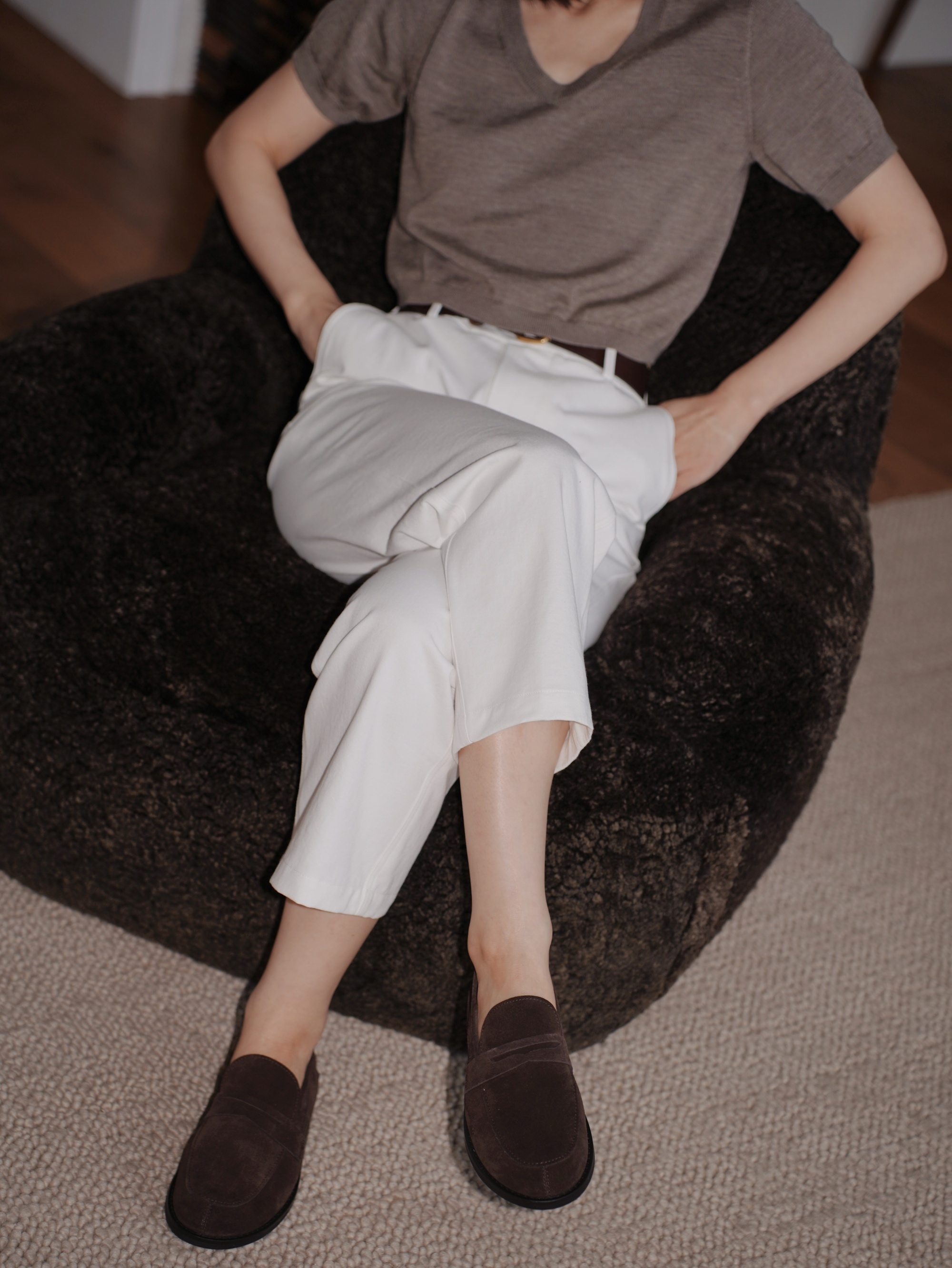 HANAA新款牛京復古深棕圓頭平底樂福鞋