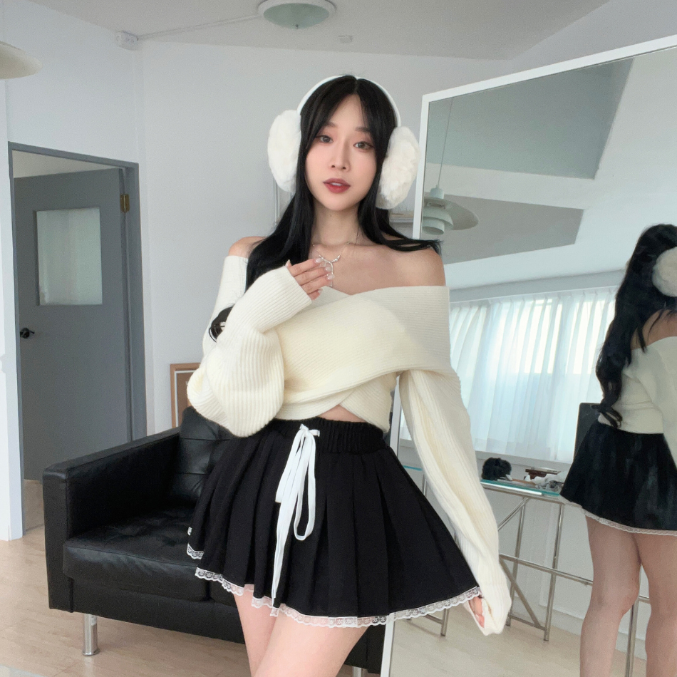 交叉設計感扭結針織上衣 露肩毛衣-3色  (現貨)