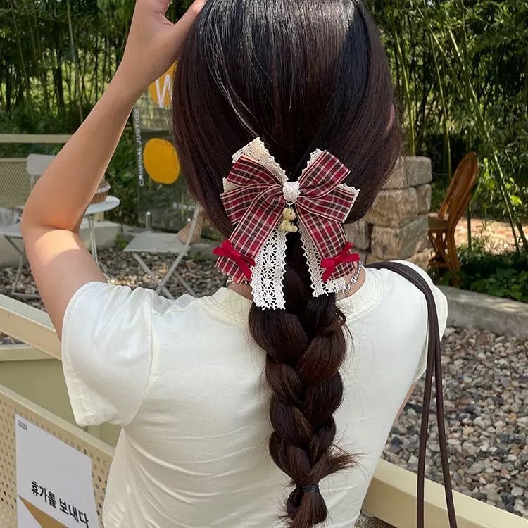 JK Plaid Cute Teddy Bear Ribbon Bow