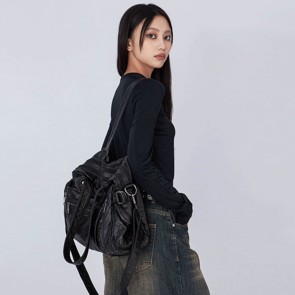 皮革拉鍊單肩手提包