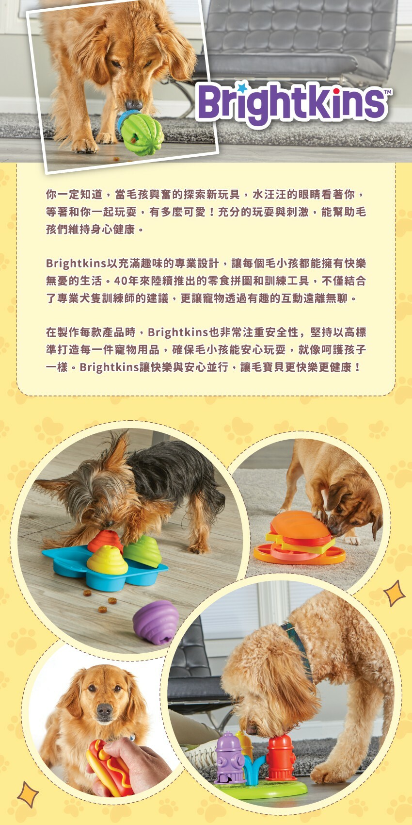 你一定知道,當毛孩興奮的探索新玩具,水汪汪的眼睛看著你,等著和你一起玩耍,有多麼可愛!充分的玩耍與刺激,能幫助毛孩們維持身心健康。Brightkins以充滿趣味的專業設計,讓每個毛小孩都能擁有快樂無憂的生活。40年來陸續推出的零食拼圖和訓練工具,不僅結合了專業犬隻訓練師的建議,更讓寵物透過有趣的互動遠離無聊。在製作每款產品時,Brightkins也非常注重安全性,堅持以高標準打造每一件寵物用品,確保毛小孩能安心玩耍,就像呵護孩子一樣。Brightkins讓快樂與安心並行,讓毛寶貝更快樂更健康!