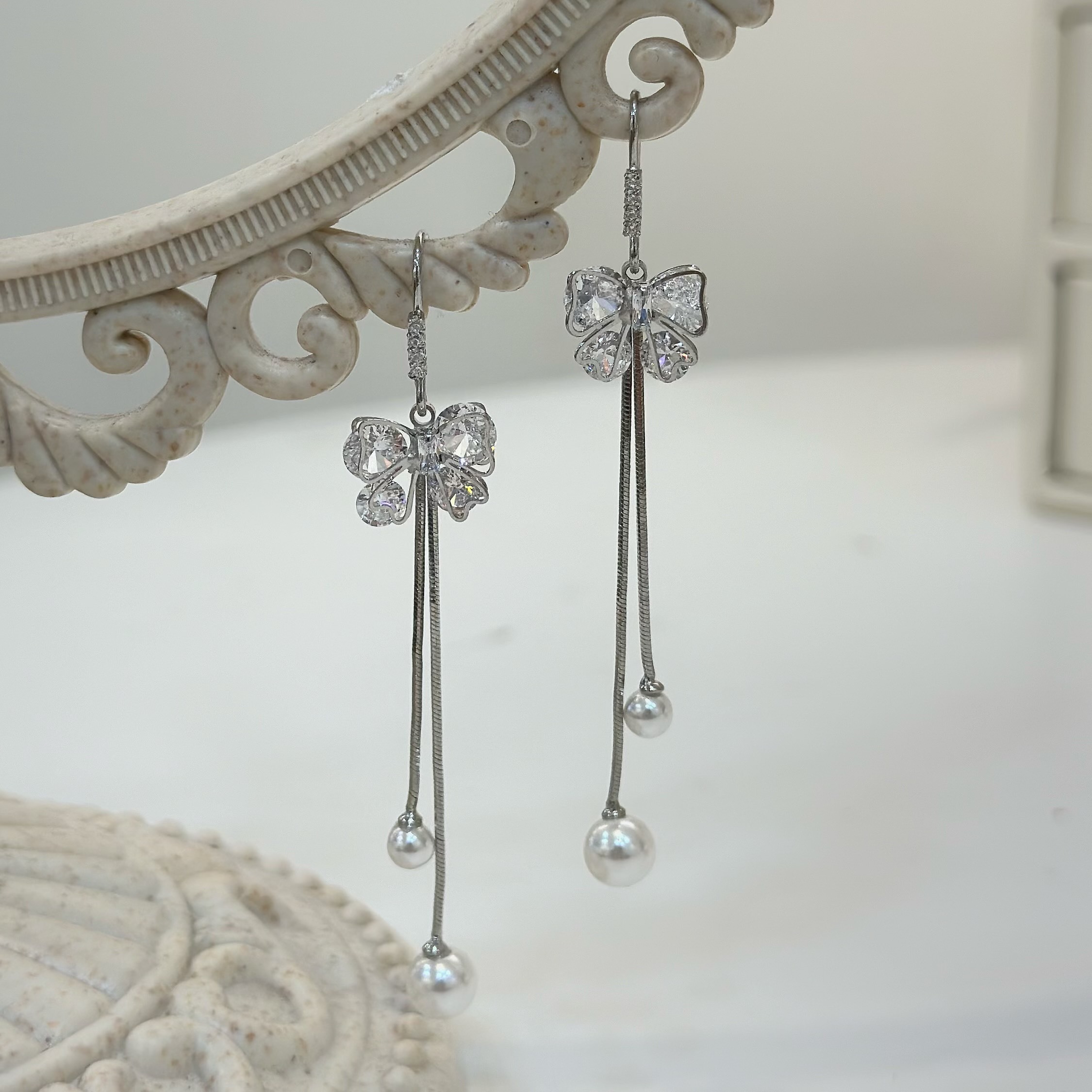 Y17鋯石立體蝴蝶結珍珠垂吊