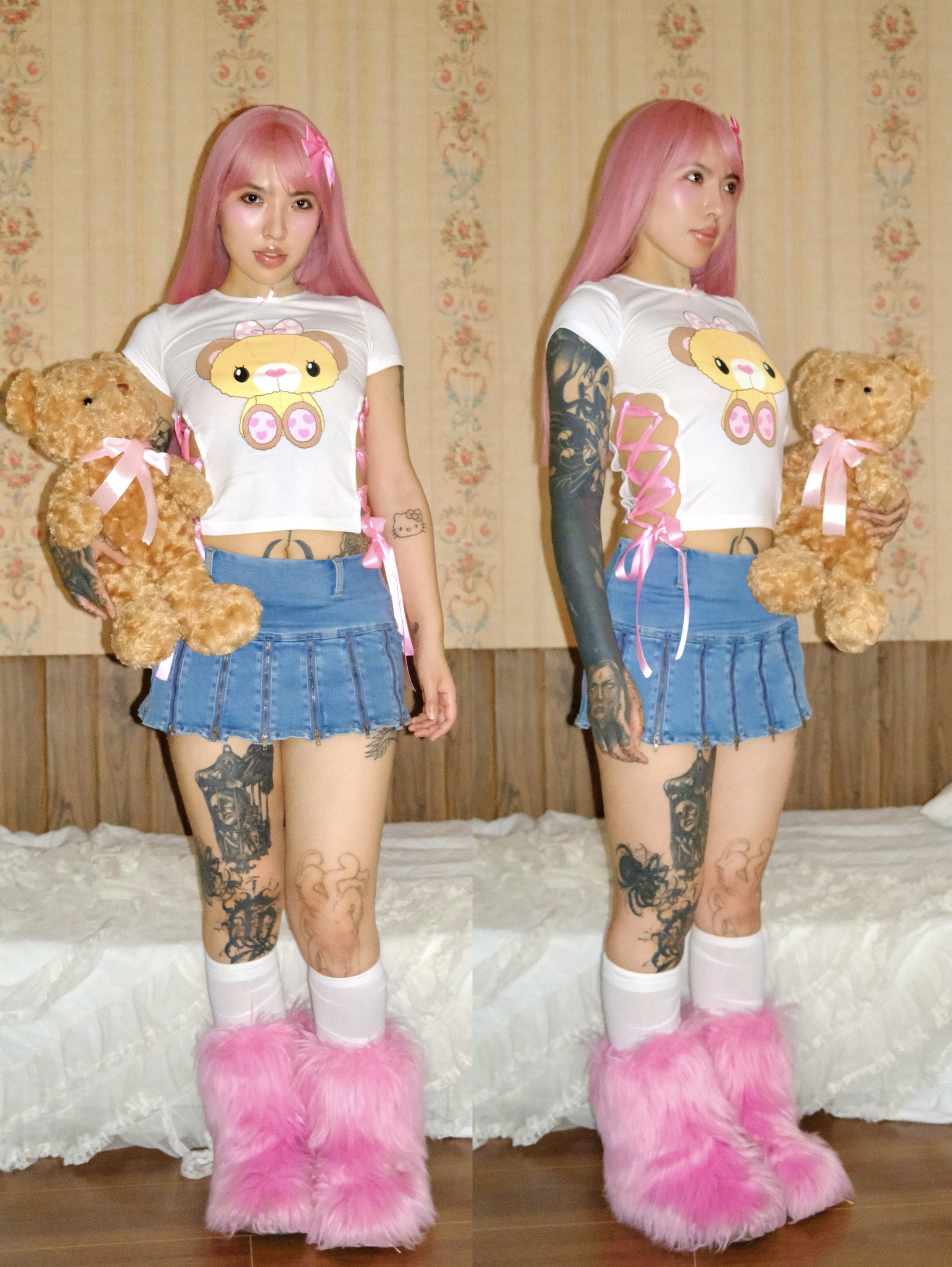 ArtByTastybabe 可愛小熊印花 側邊緞帶 短版短袖