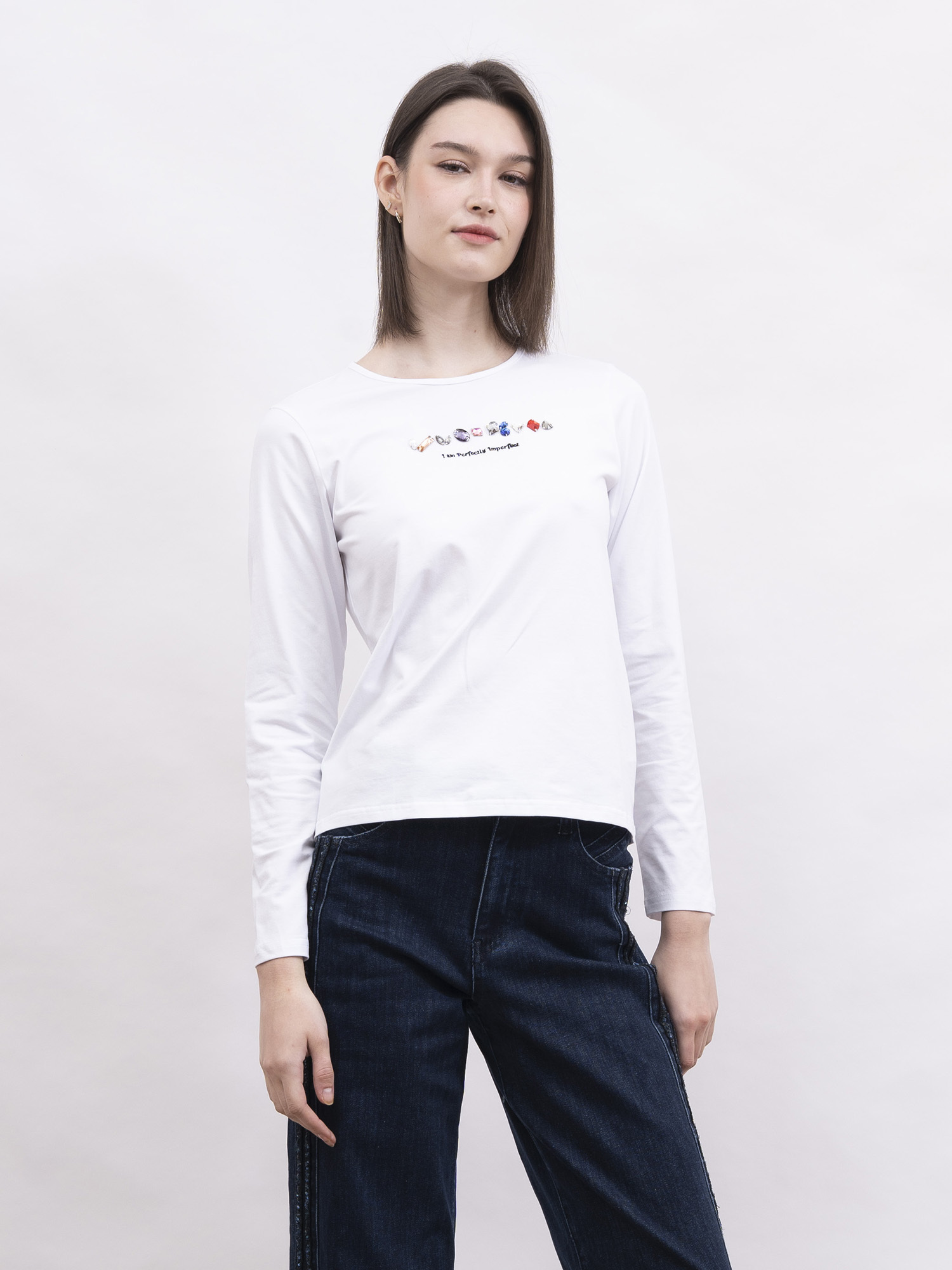 mi-tu 手縫仿玻璃石圓領T恤