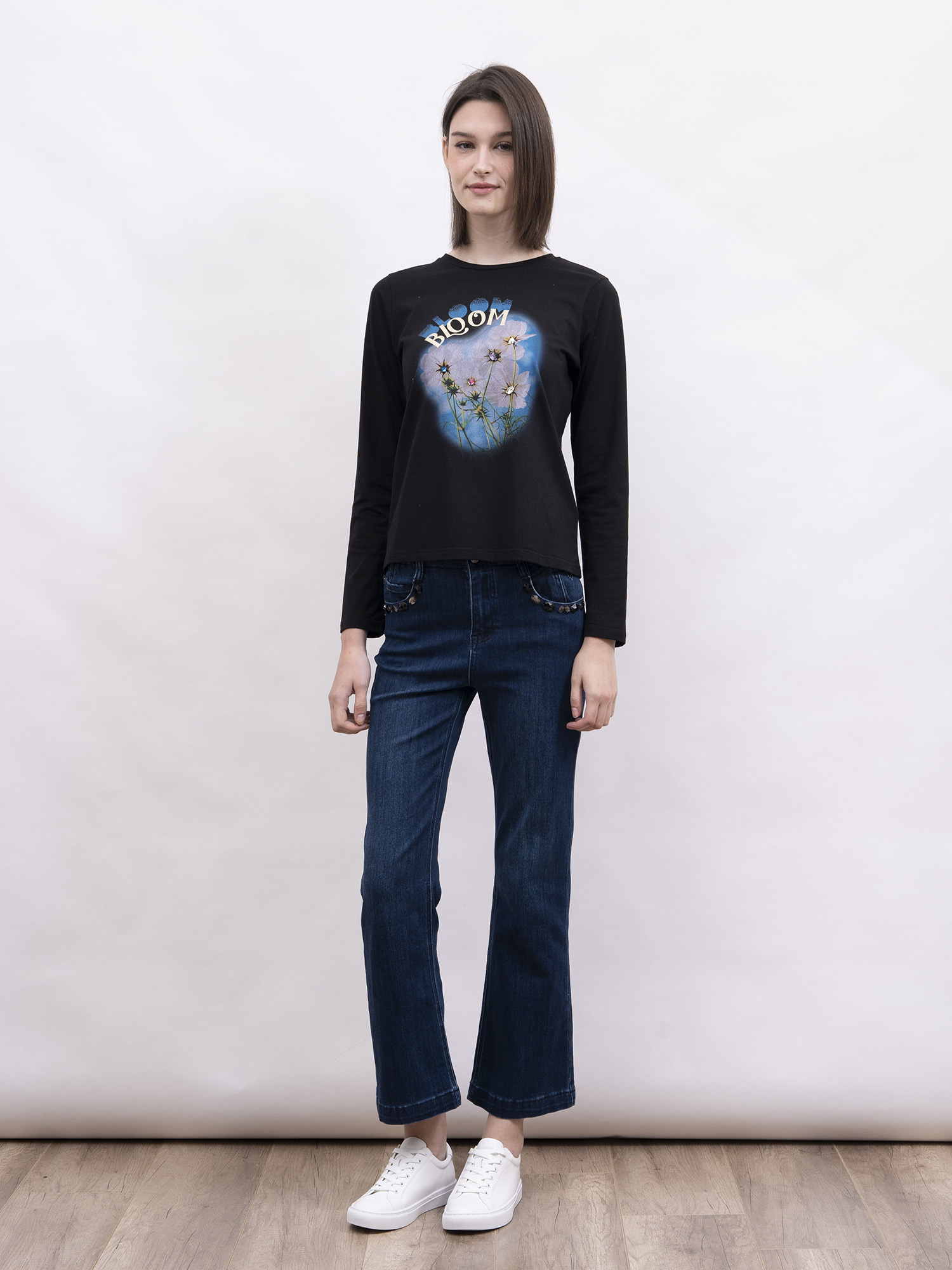 mi-tu 手縫仿玻璃石印花圓領T恤