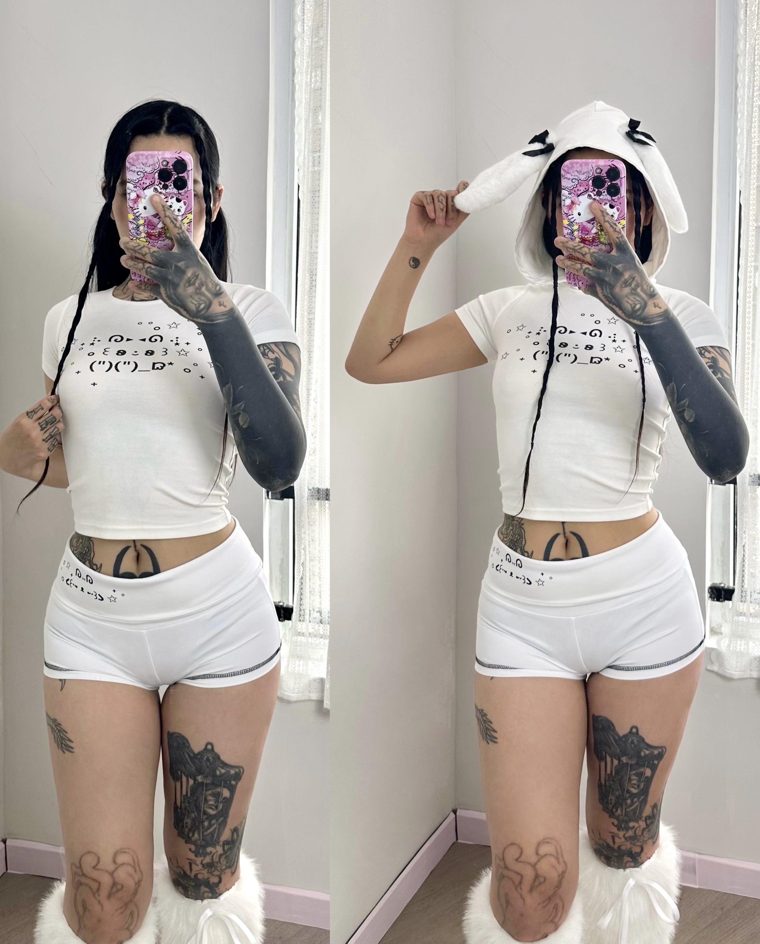 ArtByTastybabe 可拆式兔耳朵 顏文字 短版短袖 低腰短褲