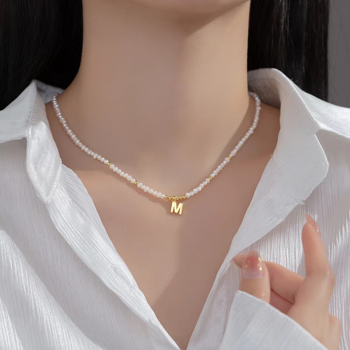 J91淡水米粒珍珠字母頸鏈