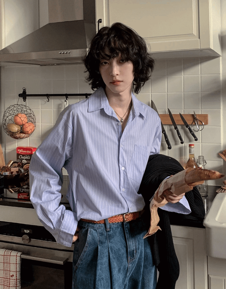 斜口袋條紋襯衫