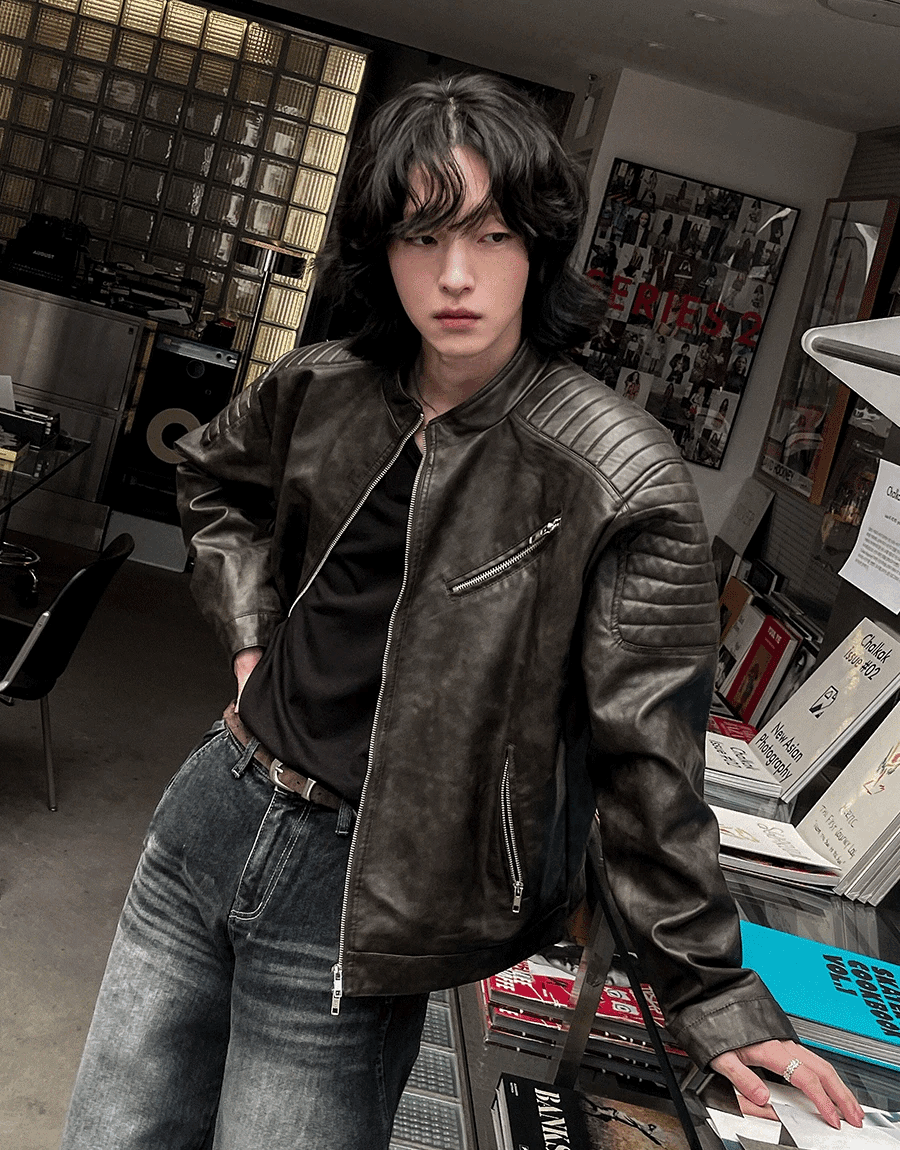 裂紋立領騎士皮革夾克外套