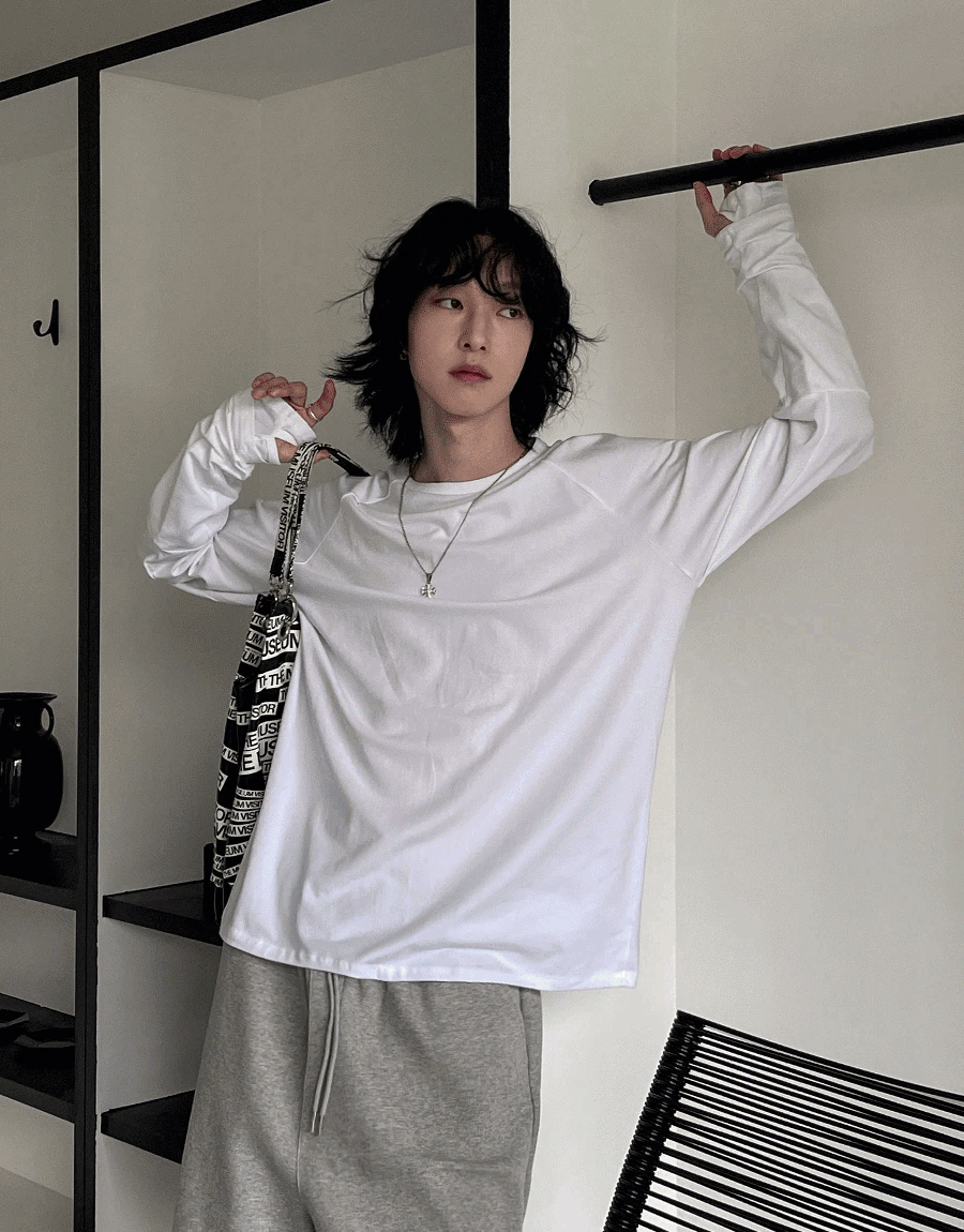 彈性圓領褶皺忍者袖長袖T