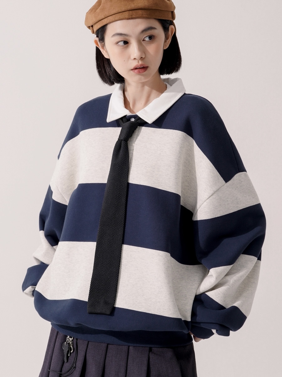 <預購> 韓國TWN MAHOMES條紋復古撞色翻領大學T