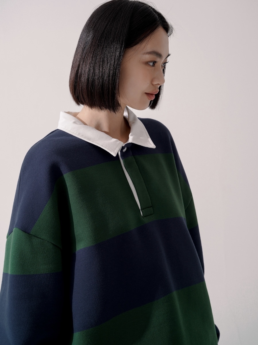 <預購> 韓國TWN MAHOMES條紋復古撞色翻領大學T