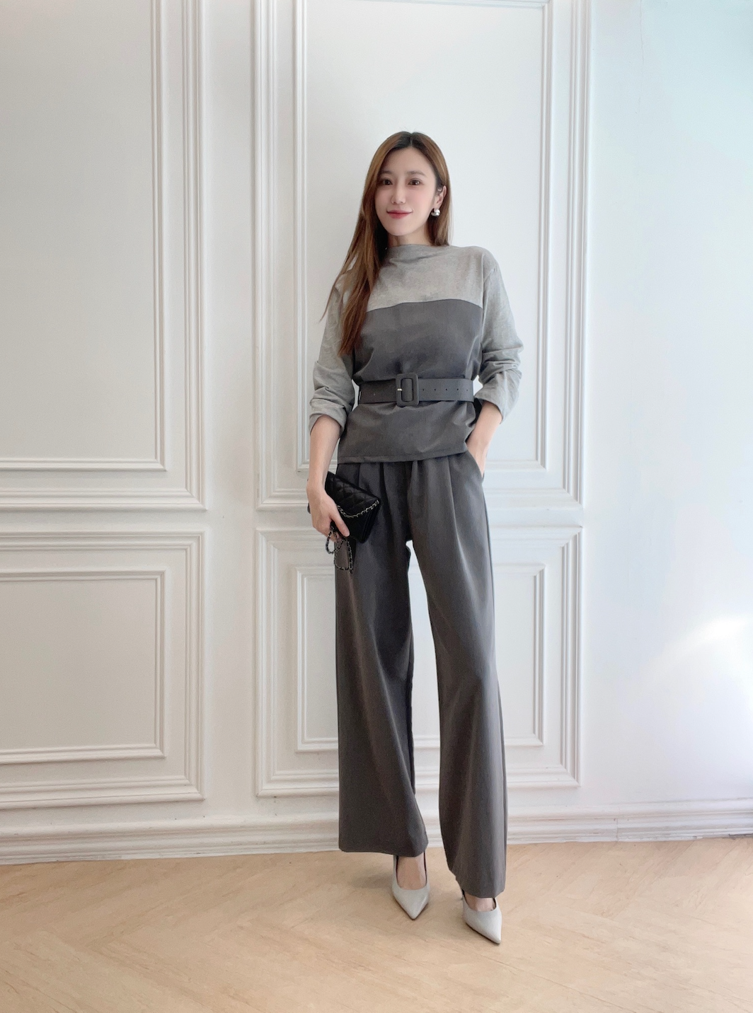 層次感寬腰帶直筒褲套裝