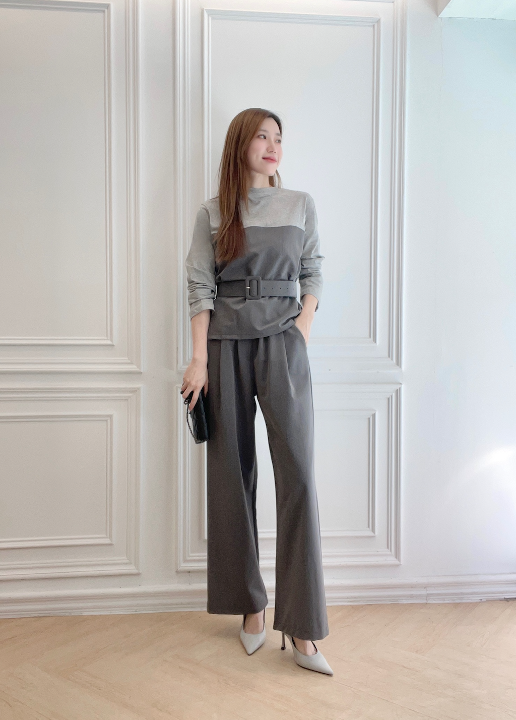 層次感寬腰帶直筒褲套裝