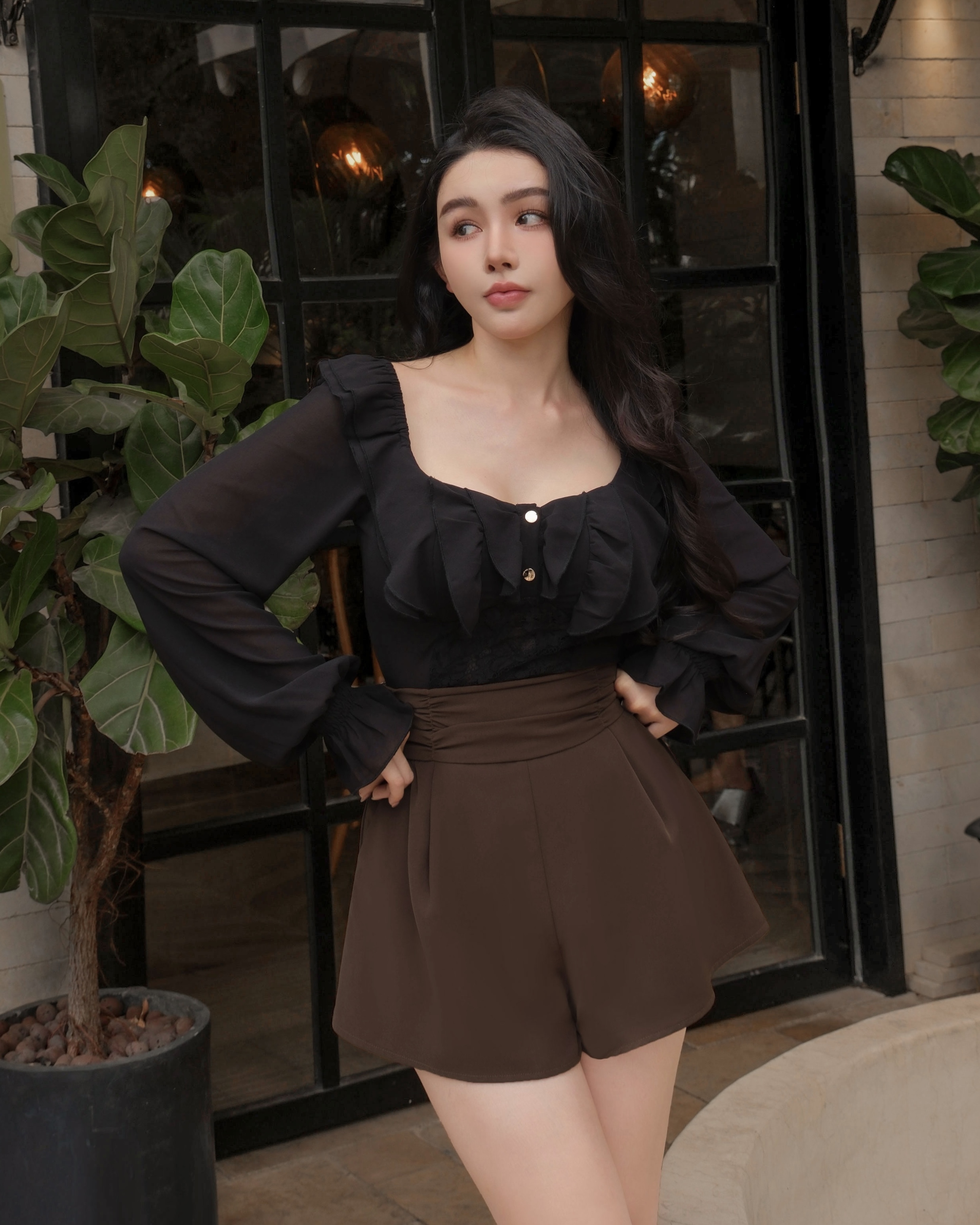 訂製-浪漫荷葉蕾絲雪紡上衣