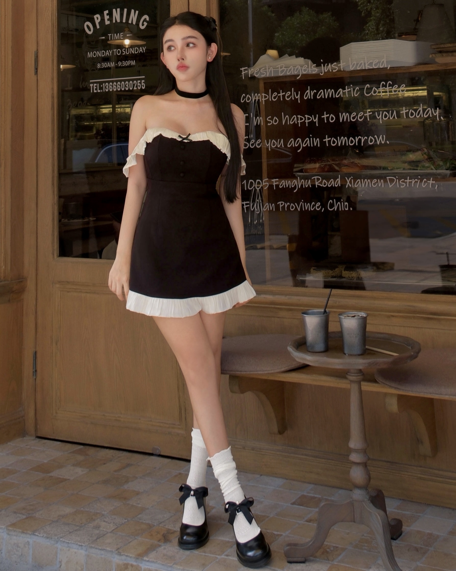 ⭒訂製-甜美絲光一字領撞色荷葉洋