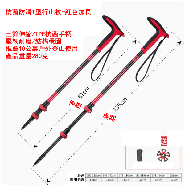 爆款抗菌防滑T型行山杖-紅色加長