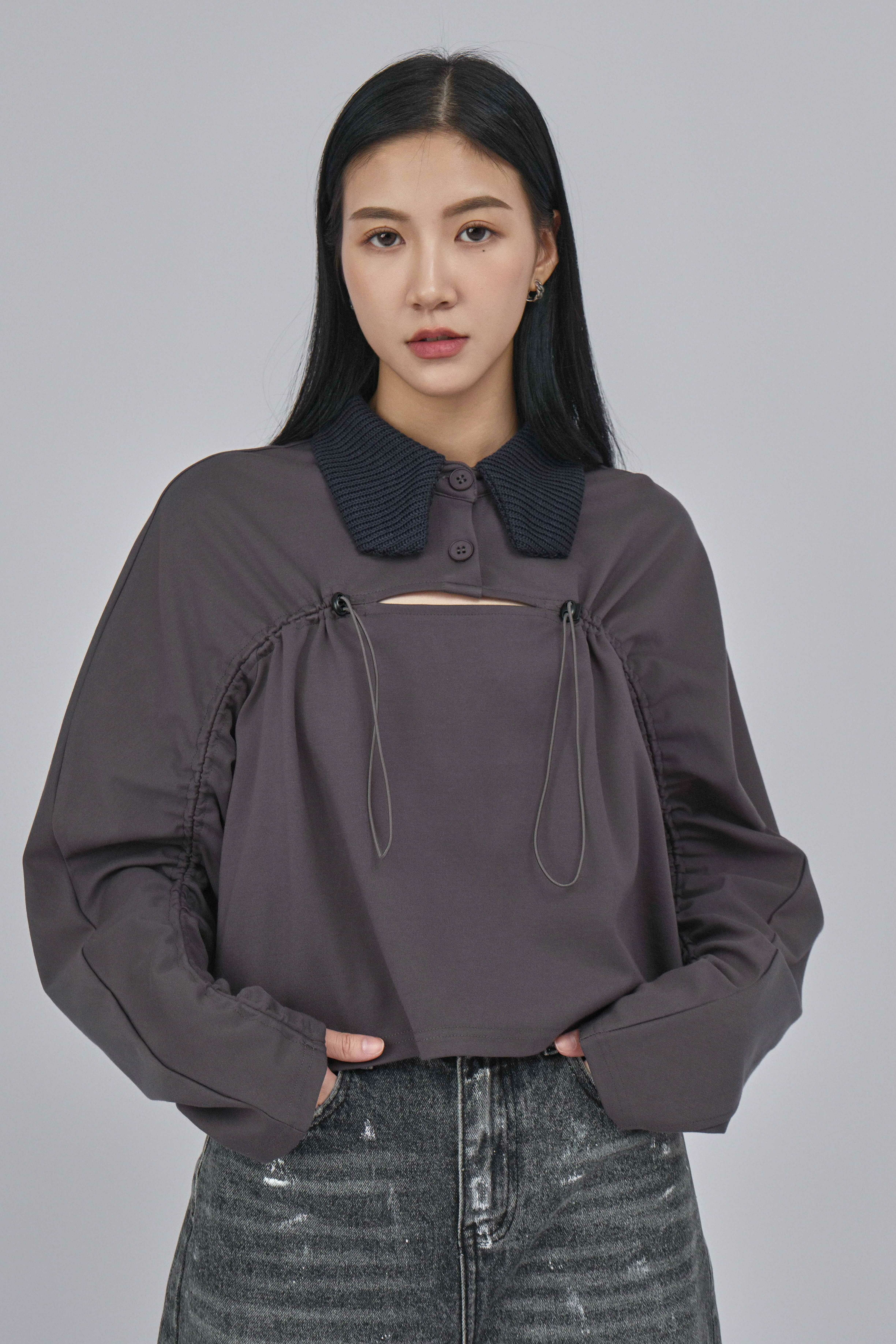 針織領袖束繩短上衣 (*現貨款式）