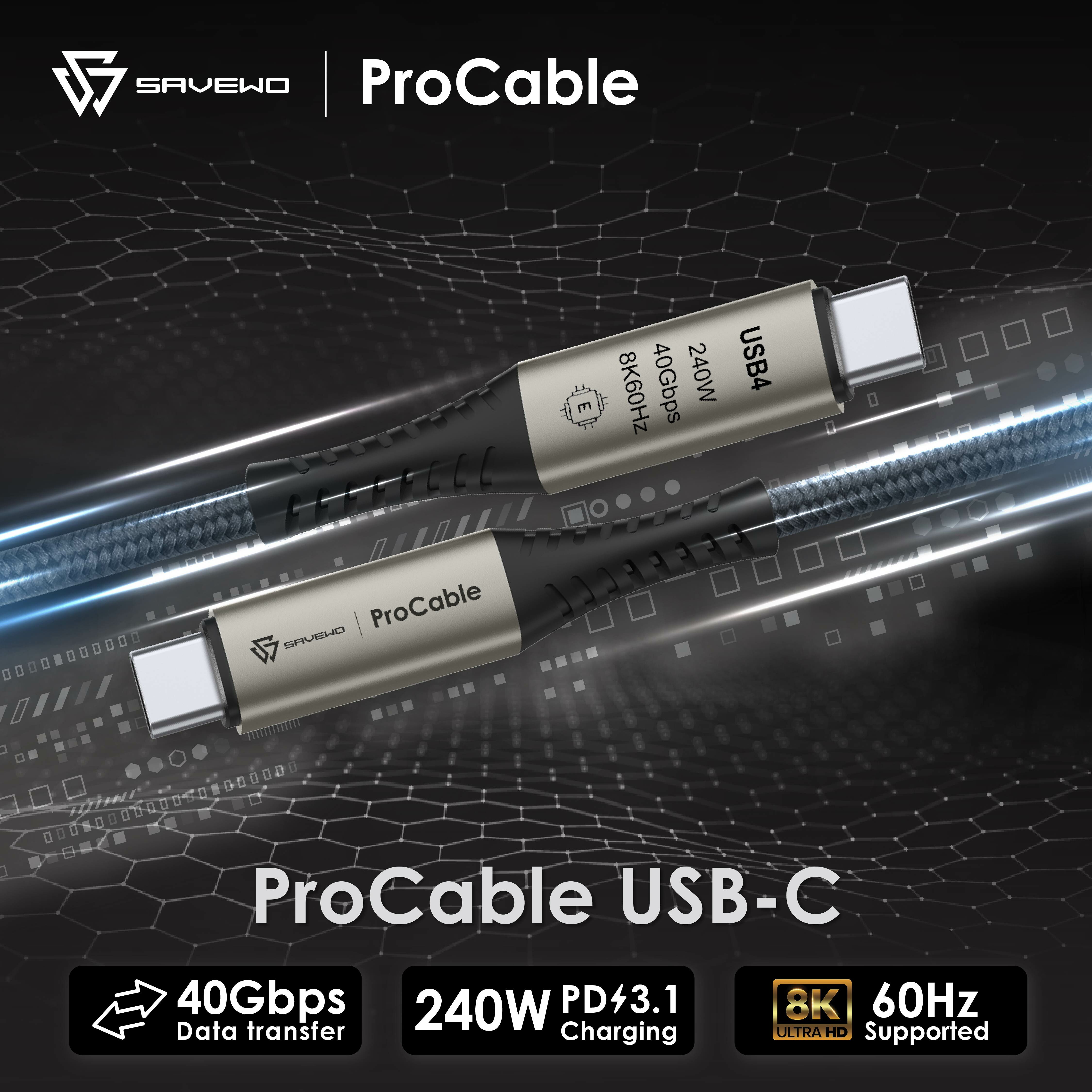 *2米* SAVEWO ProCable USB-C USB4 Thunderbolt 4 極速充電傳輸線 （兩色可選）