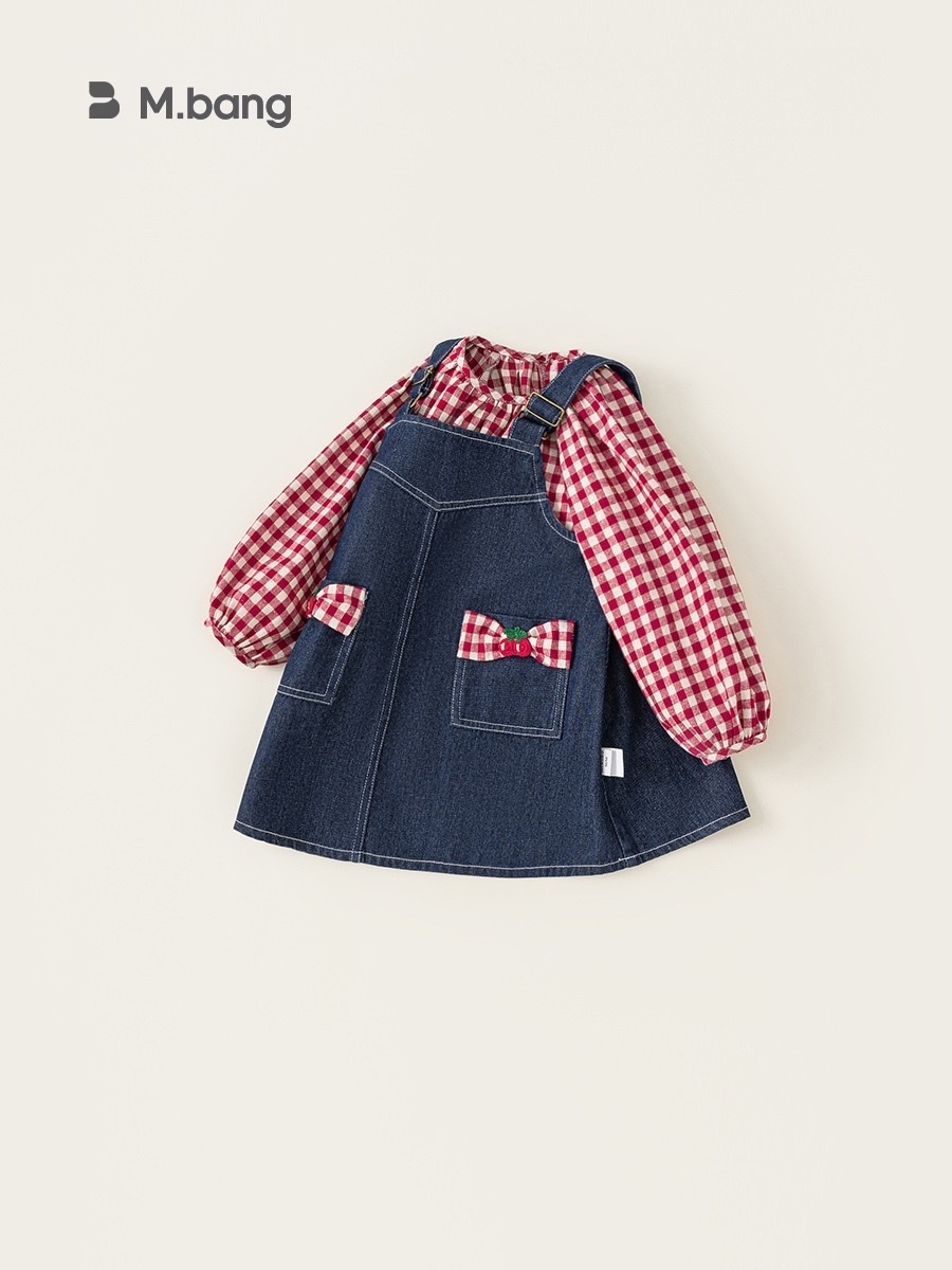 櫻桃紅格上衣加吊帶裙