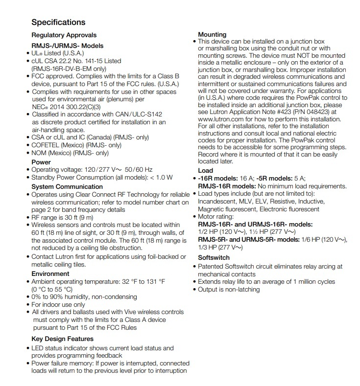 路創 RMJS-5R-DV-B VIVE 帶軟開關的 POWPAK 繼電器模組，5A 繼電器