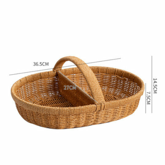 New Handmade Imitation Basket Woven Storage Basket Outdoor Picnic Storage Basket (Light Coffee Color - Grid Arc Handle) Size: 36.5*7.5CM)