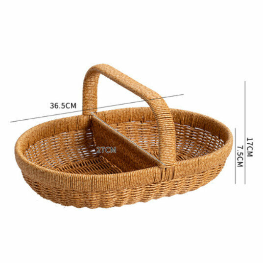 New Handmade Imitation Basket Woven Storage Basket Outdoor Picnic Storage Basket (Light Coffee Color - Split Grid Low Handle) Size: 36.5*7.5CM)