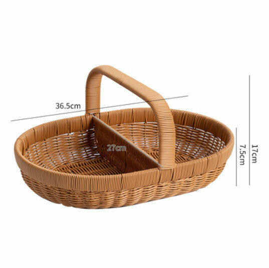 New Handmade Imitation Basket Woven Storage Basket Outdoor Picnic Storage Basket (Brown-Grid Low Handle) Size: 36.5*7.5CM)