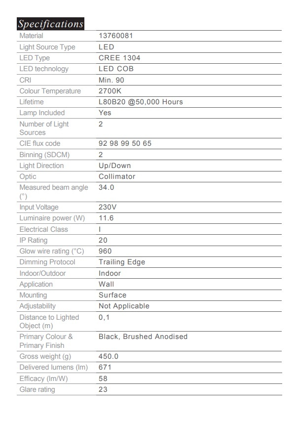 MODULAR 13760081 LED 11.6W CHIVAL 牆向上/向下 2700K 黑色拉絲陽極氧化