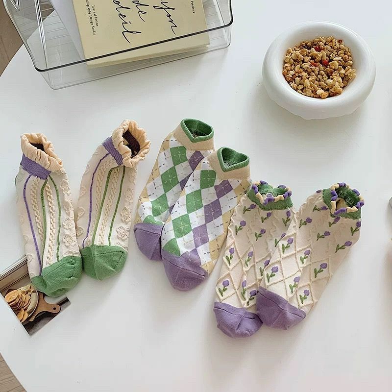 [3 FOR RM10] Lavender Purple & Green Lace-Cuffed Mid-Calf Socks
