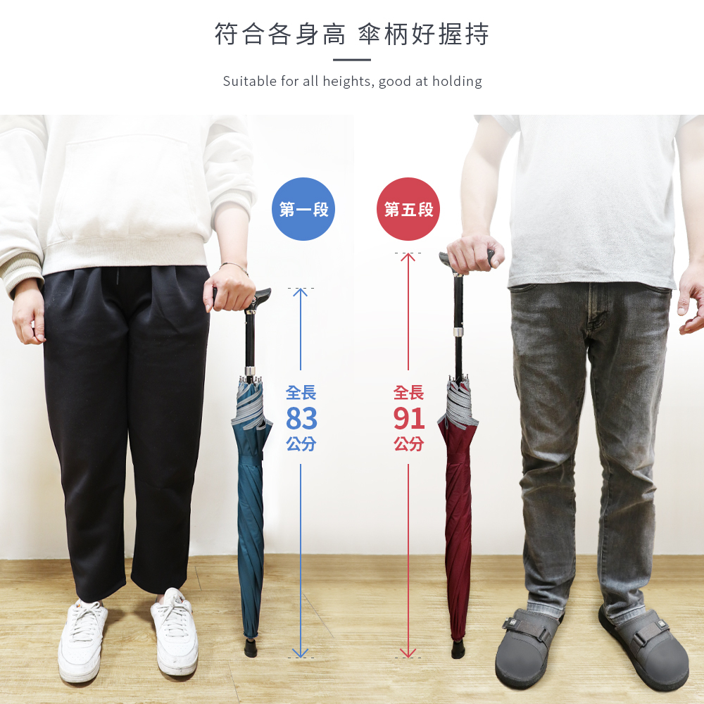 雨之情五段可調式登山輔助傘,共有五段可自行調整高度,適合各種身高使用