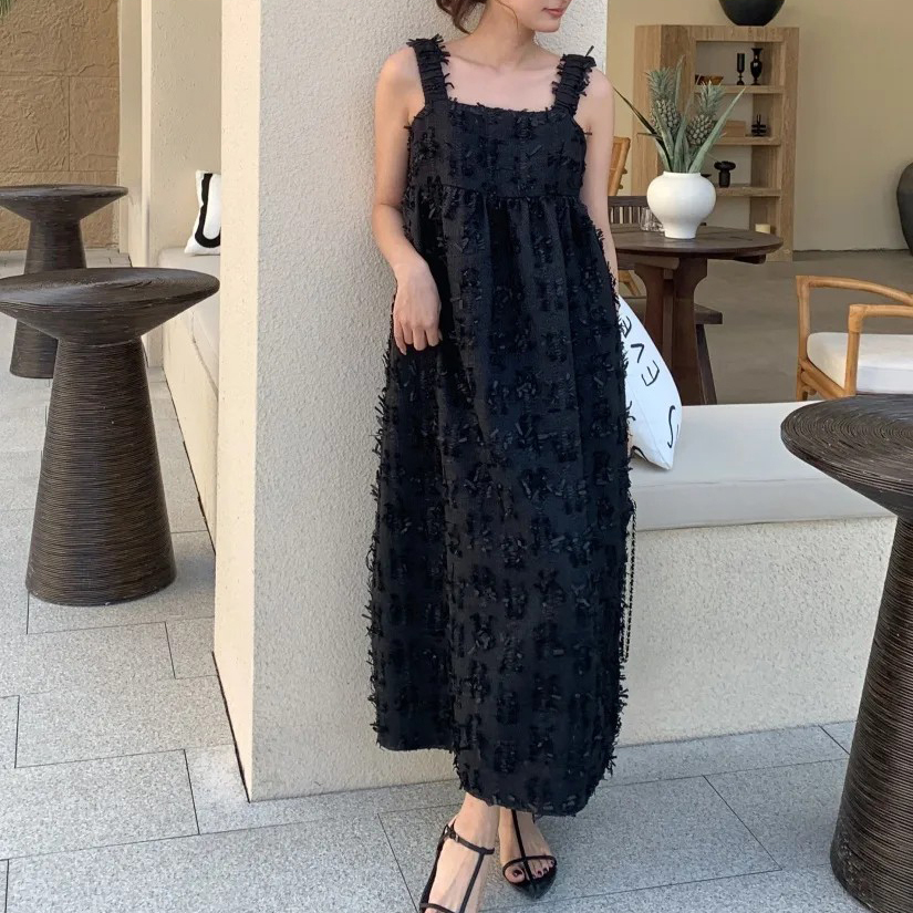 經典黑立體抽鬚感方領無袖長洋裝S-M (Elegant & Love)