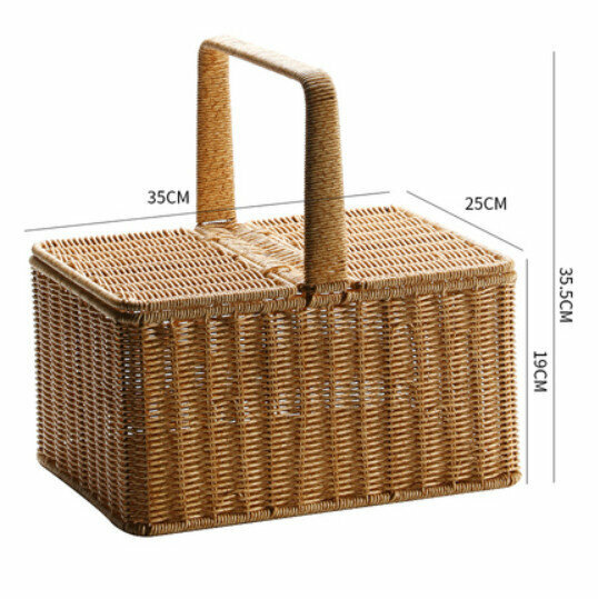 New plastic basket storage basket picnic basket with lid (light coffee color/upgraded frame model) size: 35*25*19/36CM)
