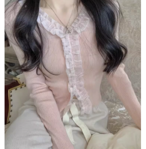 熱推蕾絲花邊長袖針織衫（粉色均碼） 