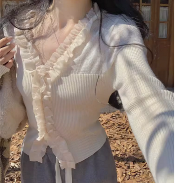 熱推蕾絲花邊長袖針織衫（白色均碼） 