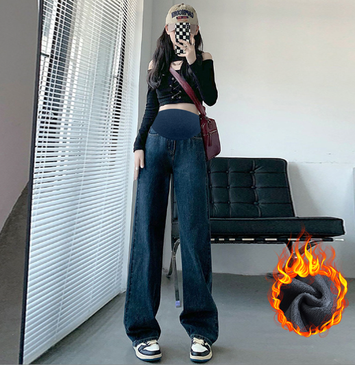 爆款孕婦牛仔褲闊腿褲【深藍加絨M-2XL碼】（下單後聯絡客服確認發貨尺碼）