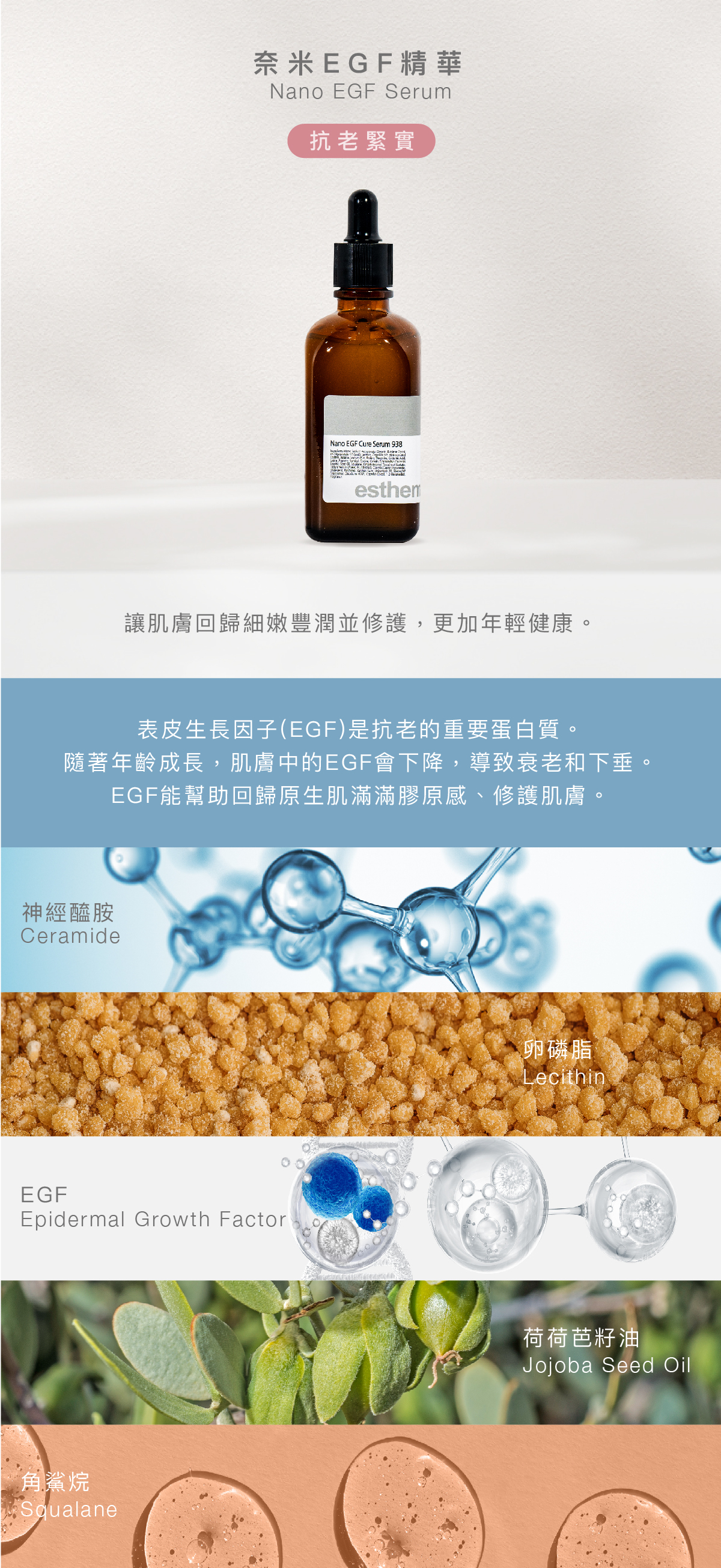 奈米EGF精華 Nano EGF Serum 抗老緊實  功效 讓肌膚回歸細嫩豐潤並修護，更加年輕健康。  成分 表皮生長因子(EGF)是抗老的重要蛋白質。隨著年齡成長，肌膚中的EGF會下降，導致衰老和下垂。EGF能幫助回歸原生肌滿滿膠原感、修護肌膚。   EGF、卵磷脂 、神經醯胺、荷荷芭籽油、角鯊烷