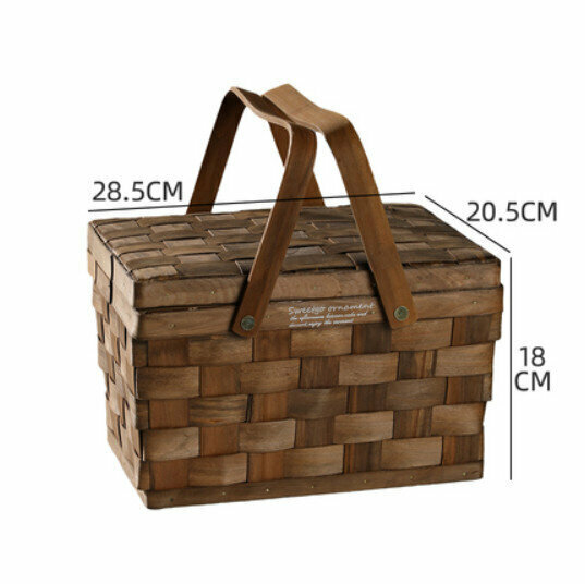 New picnic basket with lid storage box (wood chip model/carbon gray) size: 28.5*20.5*18CM)