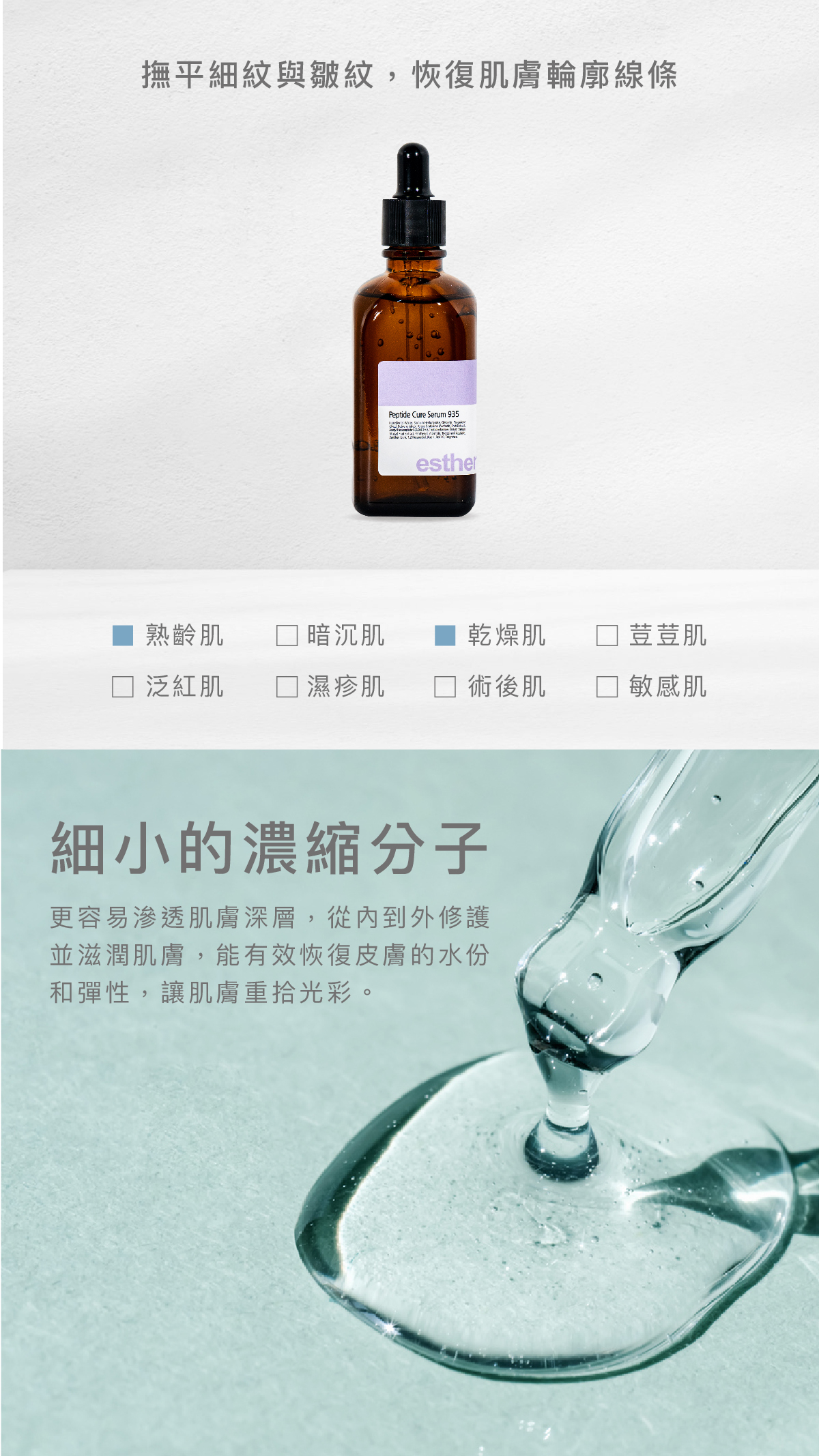 適用肌膚 熟齡肌、乾燥肌   細⼩的濃縮分⼦  更容易滲透肌膚深層，從內到外修護並滋潤肌膚，能有效恢復皮膚的水份和彈性，讓肌膚重拾光彩。