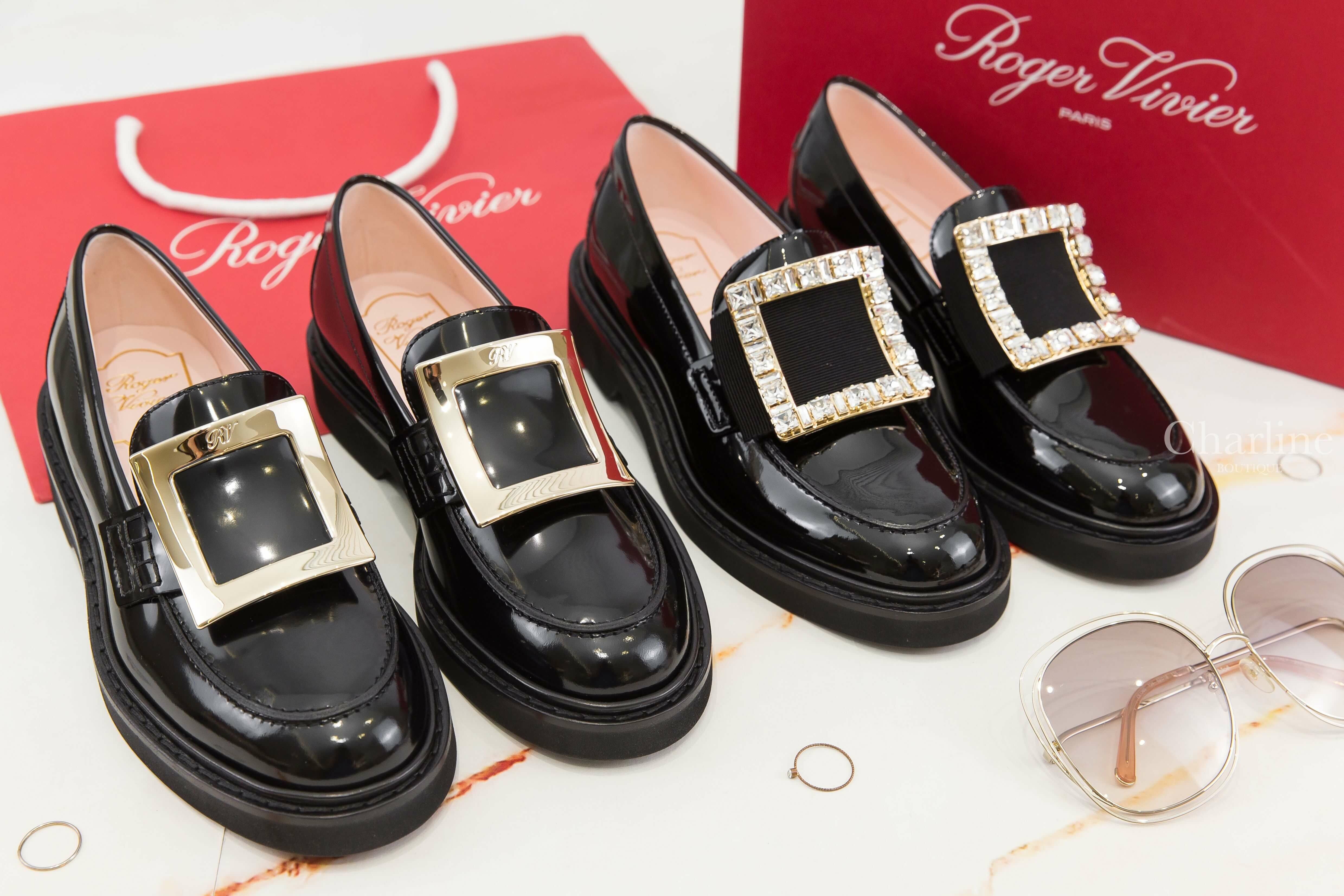 Roger Vivier Viv' Rangers Loafers 黑色皮革淡金色方釦樂福鞋,Roger Vivier Viv' Rangers Loafers 黑色漆皮淡金色水晶方釦樂福鞋-Charline Boutique 精品代購