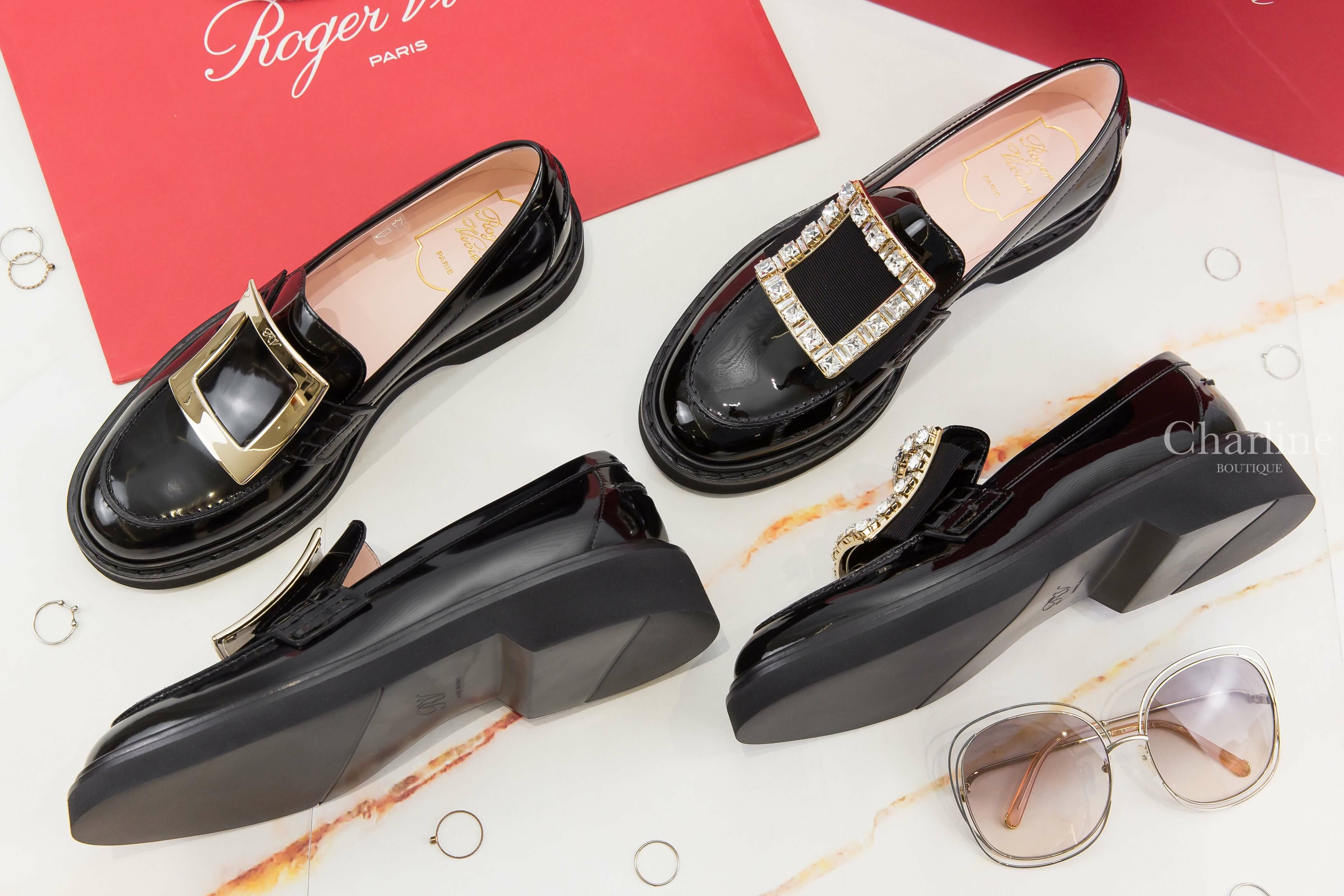 Roger Vivier Viv' Rangers Loafers 黑色皮革淡金色方釦樂福鞋,Roger Vivier Viv' Rangers Loafers 黑色漆皮淡金色水晶方釦樂福鞋-Charline Boutique 精品代購