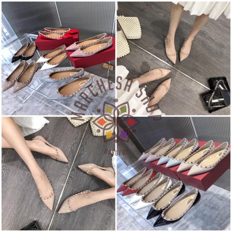 S2932 - 全真皮羊漆皮純色鉚釘尖頭平底鞋