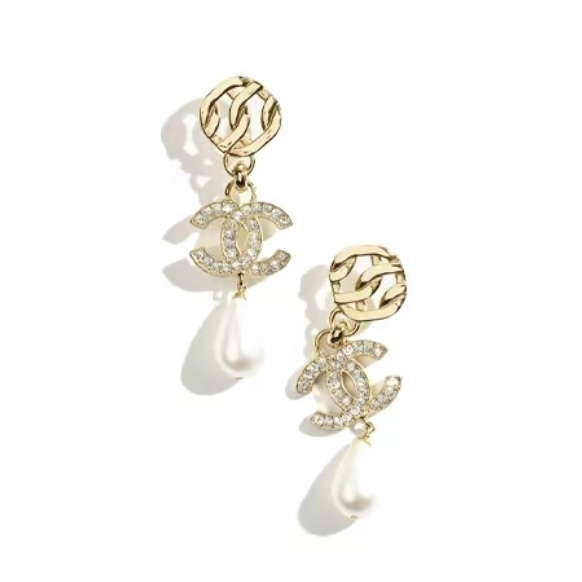 CHANEL 24P CC Pearl 雙C珍珠吊墜水鑽 耳環