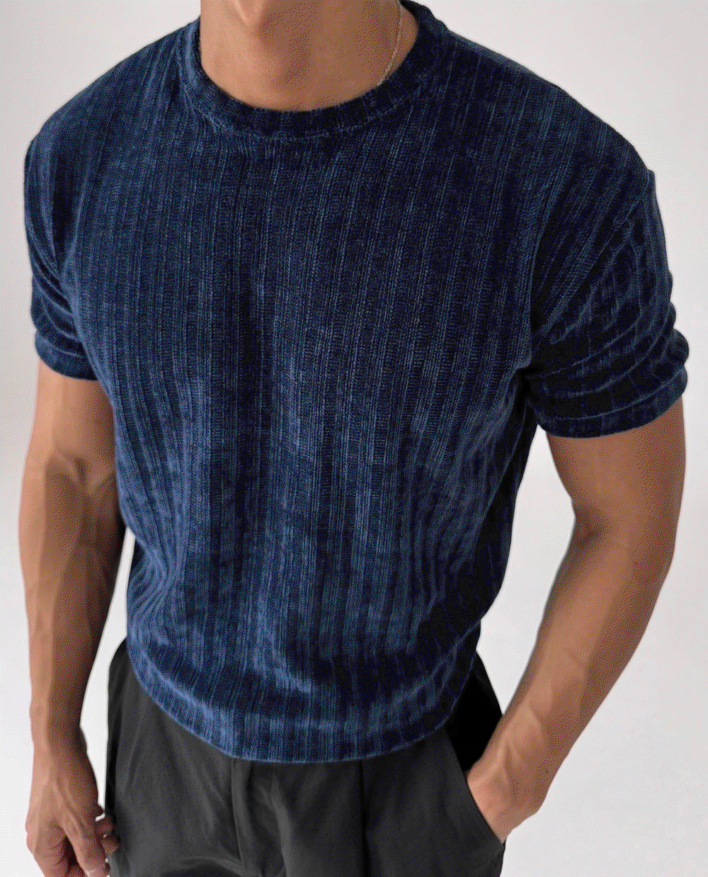 圓領天鵝絨短袖針織上衣