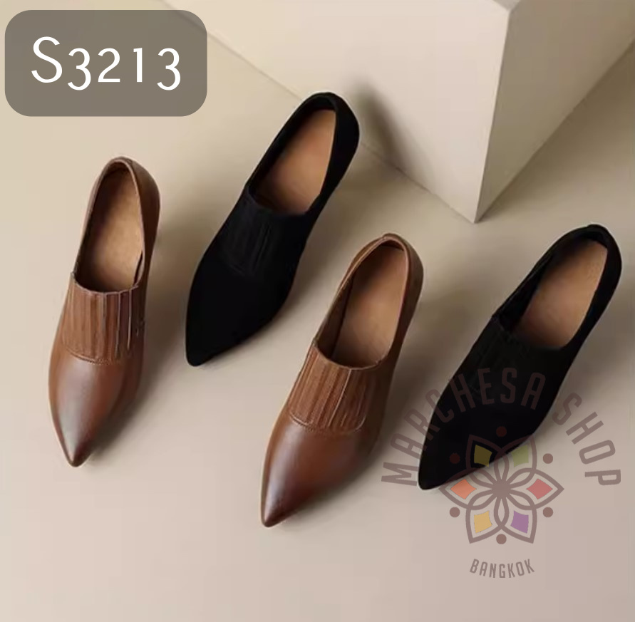 S3213 - 全真皮羊仔皮深摺口尖頭高踭鞋