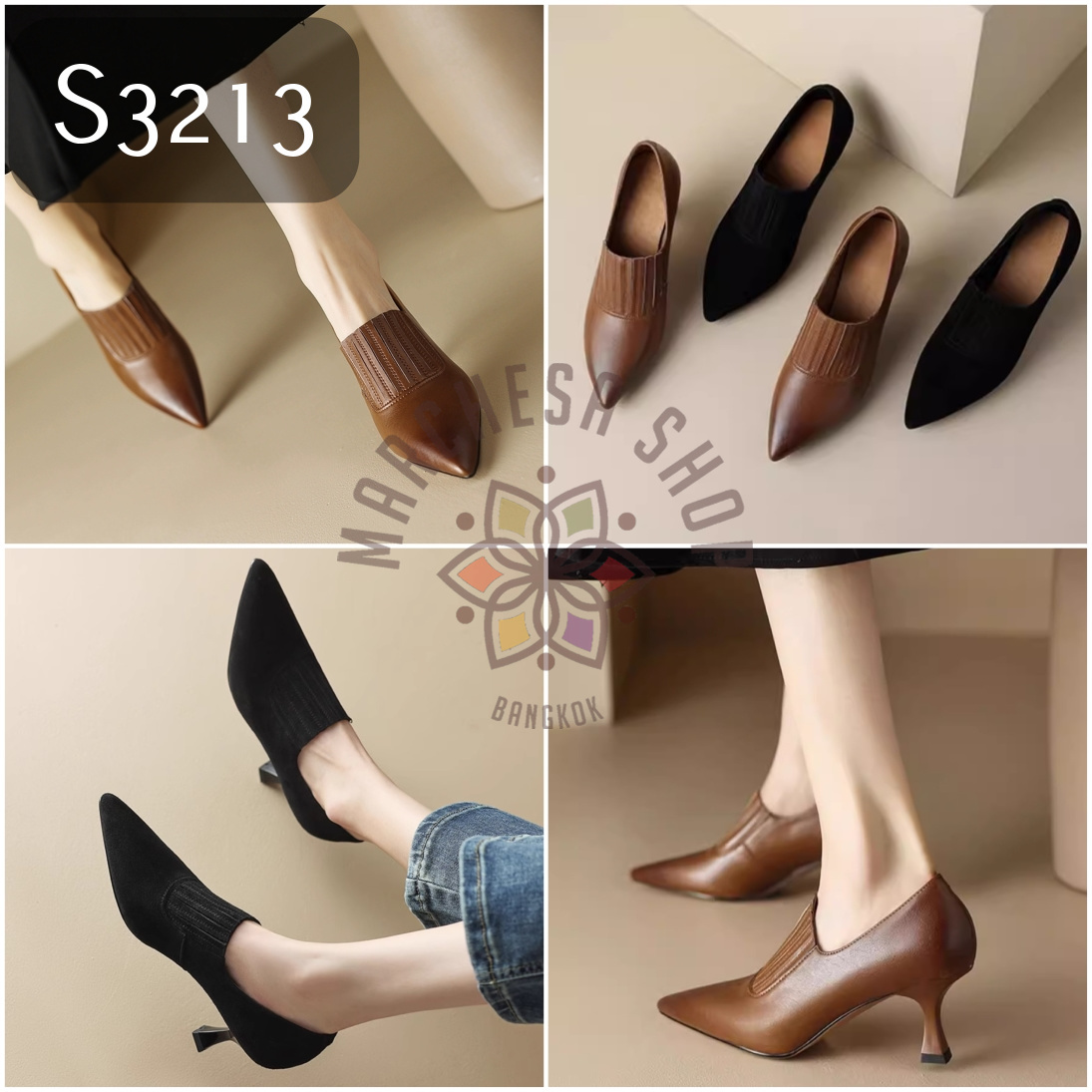 S3213 - 全真皮羊仔皮深摺口尖頭高踭鞋