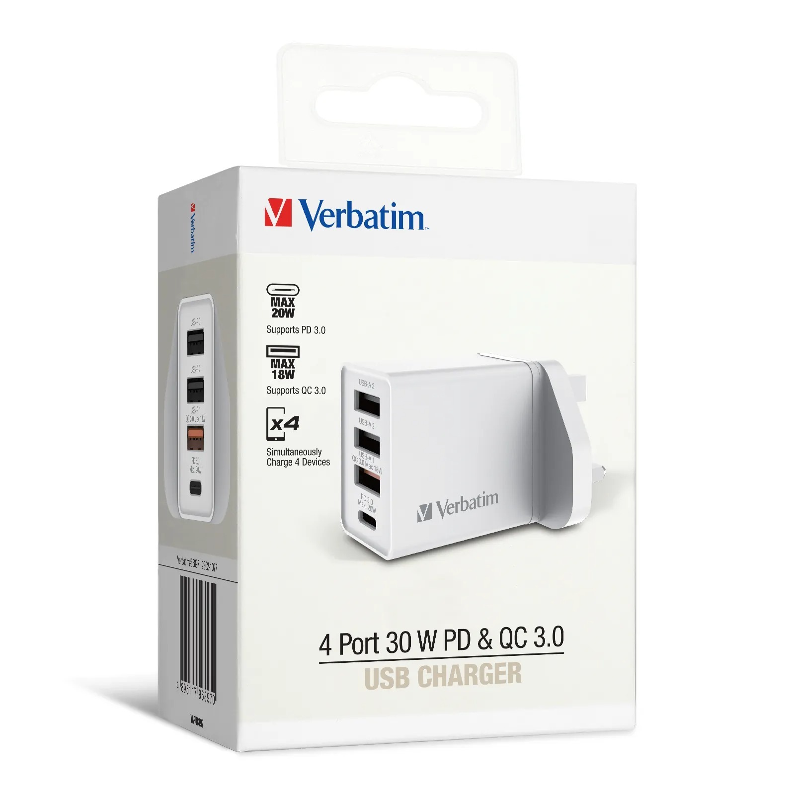 Verbatim 4端口 30W PD & QC 3.0 USB 充電器