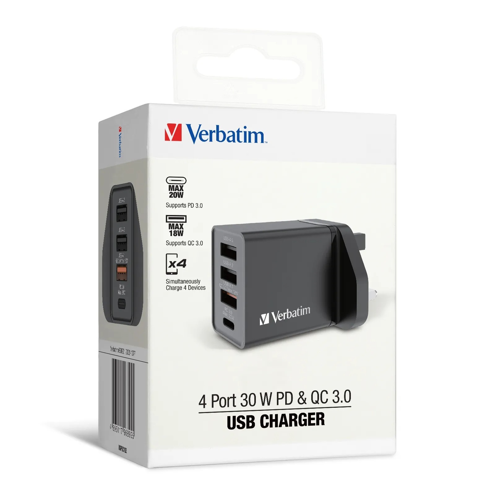 Verbatim 4端口 30W PD & QC 3.0 USB 充電器